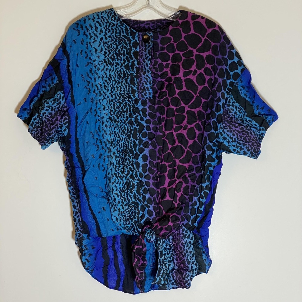 Vintage LA Gal Top Womens 5/6 Blue Purple Rainbow Rayon Animal Print Tie Hem 80s